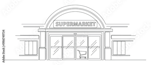 Outline vector sketch depicting a modern grocery store facade, featuring automatic sliding doors and a prominent SUPERMARKET sign, useful for retail industry visuals.