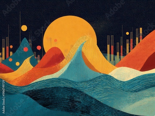 Vibrant Abstract Landscape with Colorful Hills and Sun Setting