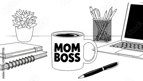 A mom boss workspace with a laptop and coffee mug illustration