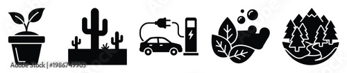 Collection of sustainable nature and environment icons representing ecology, green energy, plant growth, and outdoor adventure for modern ecofriendly designs