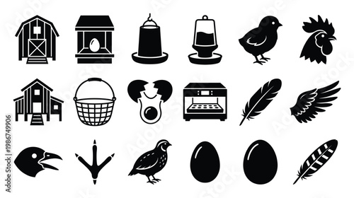 Comprehensive collection of poultry farm and egg production related icons, ideal for educational materials, agricultural business branding, or rustic design applications