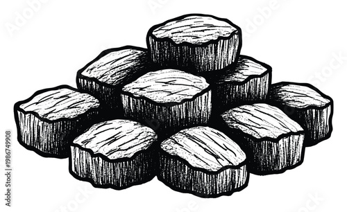 Hand drawn monochrome ink sketch portraying a visually appealing stack of irregular textured blocks, suitable for engaging rustic product branding and food packaging designs.