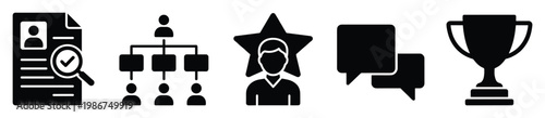 Human resources and business management icons illustrating recruitment, organizational structure, employee recognition, team communication, and success achievement for professional