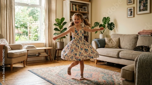 A young girl dances playfully in a cozy living room with furniture and plants.