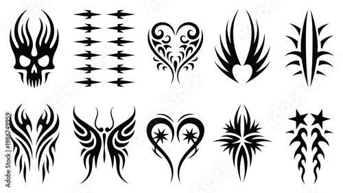 Cyber Sigilism Shapes Vector Set – Neo Tribal Tattoo Designs with Sharp Spikes, Y2K Butterfly, and Symmetrical Demonic Heart for Streetwear Graphics, Edgy Fashion Prints, and Modern Logo Design