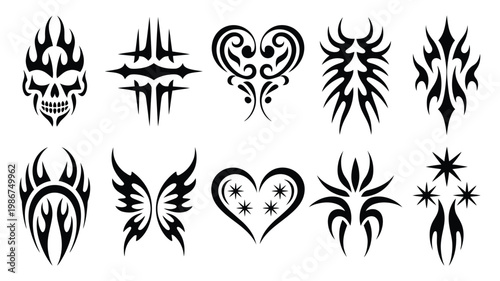 Cyber Sigilism Shapes Vector Set – Neo Tribal Tattoo Designs with Sharp Spikes, Y2K Butterfly, and Symmetrical Demonic Heart for Streetwear Graphics, Edgy Fashion Prints, and Modern Logo Design
