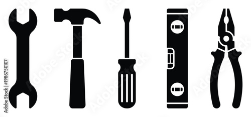 Essential general purpose hand tools including wrench hammer screwdriver spirit level and pliers providing versatile resources for construction repair and home improvement projects
