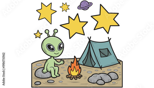 Alien cartoon character camping in the desert with stars and planets