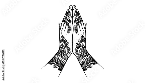 A henna hand illustration with intricate designs on the palms and fingers