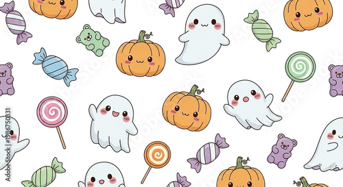 Adorable Halloween pattern smiling ghosts, pumpkins, and candy