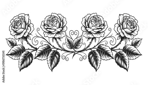 Rose flower illustration with four roses and leaves in black and white