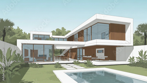 Modern house with pool and garden in a tropical setting with large windows and wooden accents exterior design.