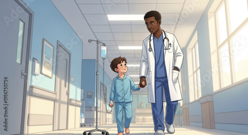 Doctor walking with a child patient down a hospital hallway offering support and care illustration for healthcare and medical concepts