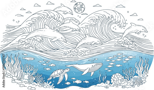 Dolphins jumping over ocean waves with underwater sea life including a turtle and whale in a detailed line art illustration