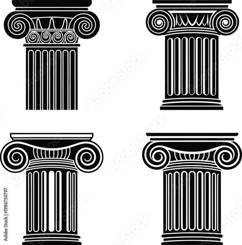 Four black ionic column capitals with fluted shafts architecture ancient