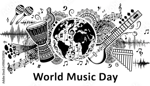 Music vector illustration for World Music Day celebration with globe and instruments