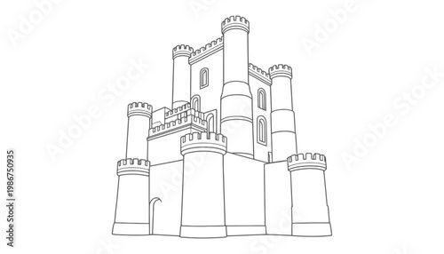 A castle illustration with towers and battlements in a simple line style