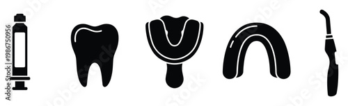 Collection of essential dental instruments and oral health items represented as simple black glyph icons for professional dentistry advertising, medical education, and health care promotion