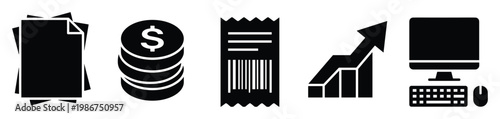 A comprehensive collection of essential business and finance icons featuring documents, currency, receipts, financial growth charts, and computer equipment for various digital applications