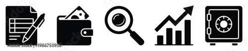 Financial management and business analytics icon set for reporting market trends and securing assets in corporate presentations and digital applications