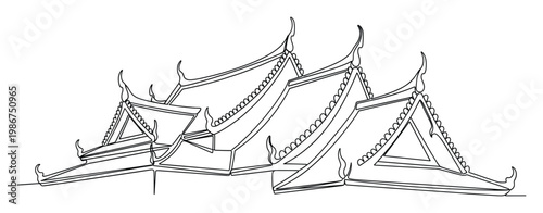 Minimalist continuous line drawing of majestic traditional temple architecture showcasing intricate roof details, ideal for creating elegant cultural and spiritual visuals.