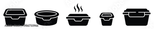 Collection of takeaway food container icons and hot meal packaging symbols for restaurant menu applications or delivery service interfaces