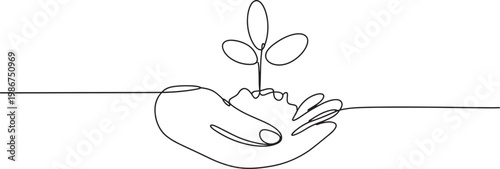 Hand holding plant seedling, continuous line drawing symbolizing growth and nature.