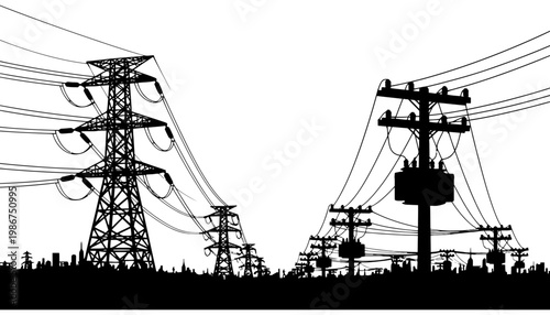 Electricity power lines silhouette against a city skyline at dusk