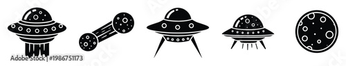Futuristic extraterrestrial spacecraft and celestial body icons perfect for science fiction graphic projects, alien invasion themes, and space adventure branding