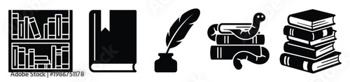 Essential literary symbols featuring bookshelves filled with books, a classic quill with inkwell, and stacks of books with a charming bookworm, ideal for educational resources and
