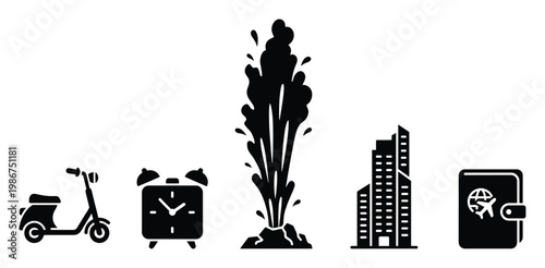 Collection of black silhouette icons depicting a scooter, alarm clock, geyser, city buildings, and a travel passport suitable for various graphic design projects and infographics