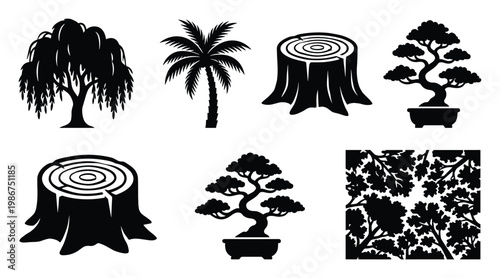 Collection of diverse tree silhouettes including weeping willow palm bonsai and tree stump suitable for nature themed graphic design projects