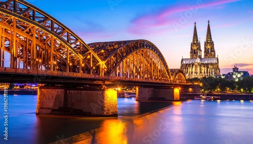Golden bridge and illuminated cathedral silhouette against a colorful sunset reflecting on calm river water