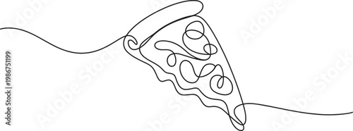 Slice of pizza, single continuous line drawing, minimalist food illustration.