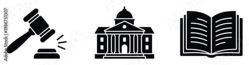 Vector symbols depicting core legal concepts including justice with a gavel, government with a courthouse, and law with an open book, ideal for legal services and educational resources.