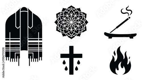 Spiritual and religious iconography vector collection featuring diverse symbols such as a prayer shawl, intricate mandala, Christian cross, and flame for global cultural representations.