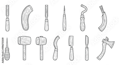 Collection of hand drawn wood carving tools including various chisels mallets and awls perfect for woodworking craft and carpentry projects