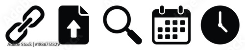Essential black business and web icons hyperlink, document upload, search, calendar, and clock, useful for modern user interface design, applications, and digital presentations.