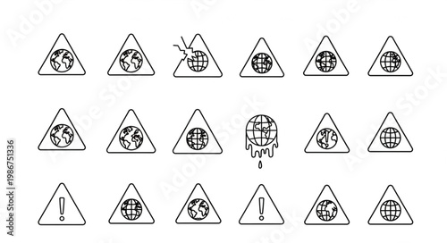 Warning signs depicting environmental concerns and global issues in a grid layout.