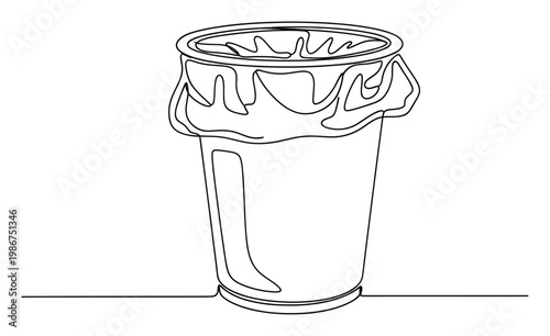 Minimalist single continuous line drawing of a household garbage bin with a crumpled plastic bag, ideal for waste management projects, environmental topics, or daily chore guides.