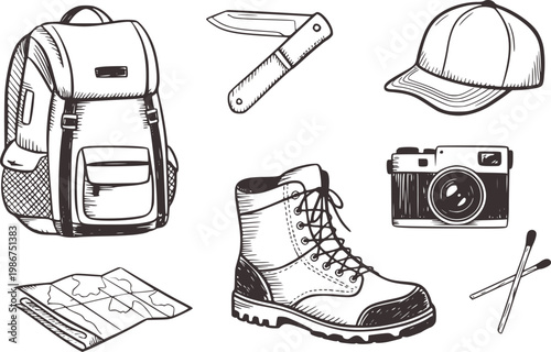 Hand drawn of hiking backpack boots camera map knife matches and cap