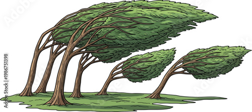 Several lush green trees bend sharply towards the right side due to the intense force of a strong wind storm