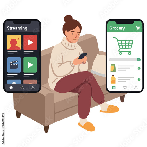 Woman sitting on sofa uses smartphone with streaming and grocery apps open.