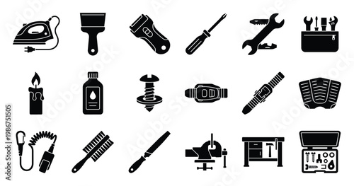 A comprehensive collection of black and white silhouette icons representing various essential hand tools and household items for maintenance, repair, construction, and everyday utility