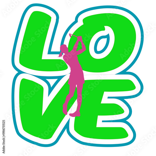 Bright “LOVE” text in green and blue with pink golf player silhouette inside the letter O. Clean golf love design ideal for women golfers and Mother’s Day gifts.