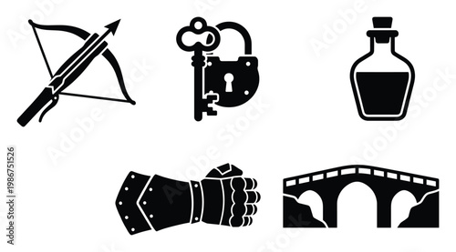 Crossbow, key, padlock, potion, armored gauntlet, and stone bridge iconic set for adventure game interfaces, medieval history presentations, and fantasy themed digital assets