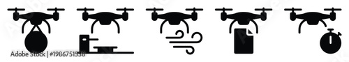 Modern unmanned aerial vehicle symbols depicting delivery, operational procedures, environmental challenges, data transfer, and expedited tasks ideal for illustrating aerial logistics and