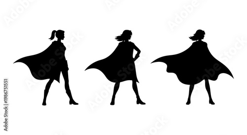 Superhero woman silhouette set, female hero with waving cape in powerful poses, black vector icons of strong brave women for leadership concepts