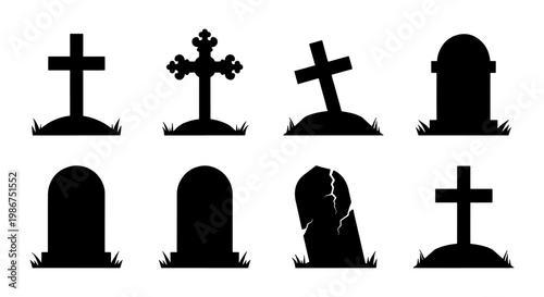 Spooky graveyard headstone silhouettes, set of 8 tombstone icons for Halloween. Black cemetery grave markers with crosses and cracked stone textures.