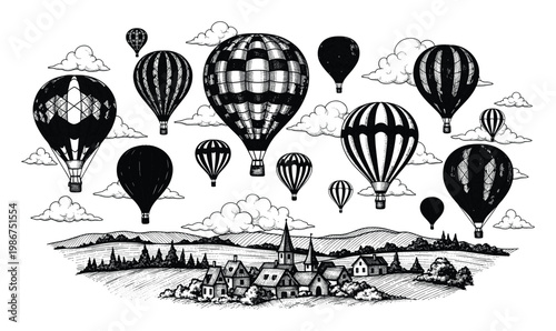 A scenic black and white engraving depicting numerous hot air balloons soaring over a quaint village nestled within a picturesque hilly landscape, perfect for travel promotions or
